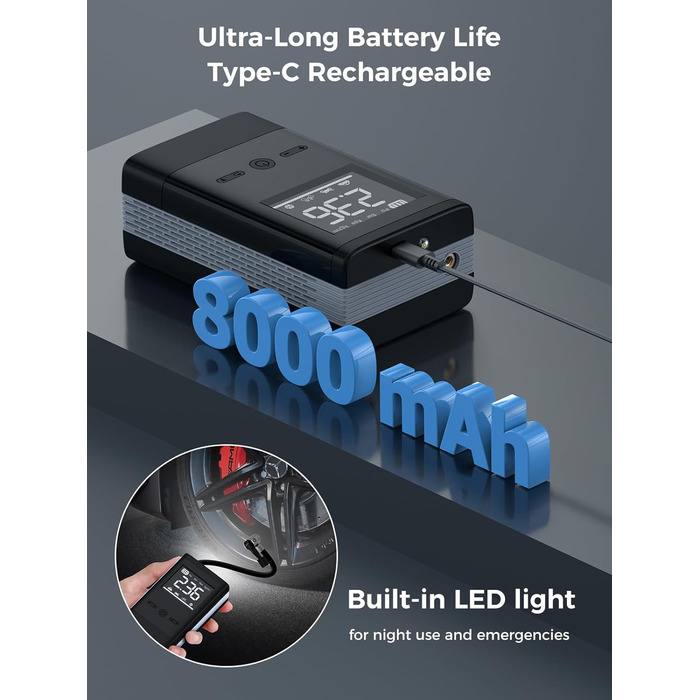 Портативний електричний компресор Smiling Shark AP-01, 12V, 150PSI, 8000mAh, з LCD-екраном, автоматичним відключенням і охолодженням, для авто, велосипедів, мотоциклів, м'ячів