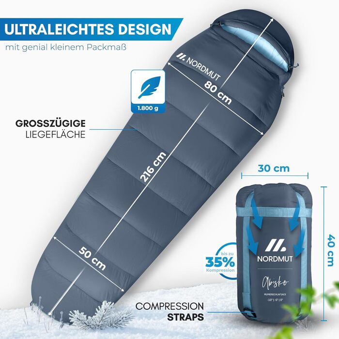 Сплячий мішок NORDMUT® Winter -10°C до 0°C, компресійний, для кемпінгу та трекінгу, 1.8 кг, водонепроникний, 350 GSM (Морський)