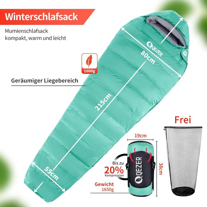 Спальний мішок пуховий теплий зимовий 0°C -23°C для дорослих та дітей, 4 сезони, кемпінг, відпочинок на природі, чорний, зелений