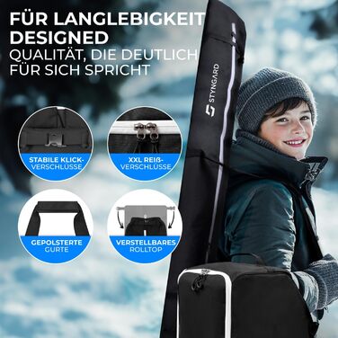 Набір STYNGARD для лиж: сумка для лиж (120-160 см) та сумка для лижних черевиків з відділенням для шолома (40 л), з вентиляційними гратами, модель St. Moritz (чорно-білий)