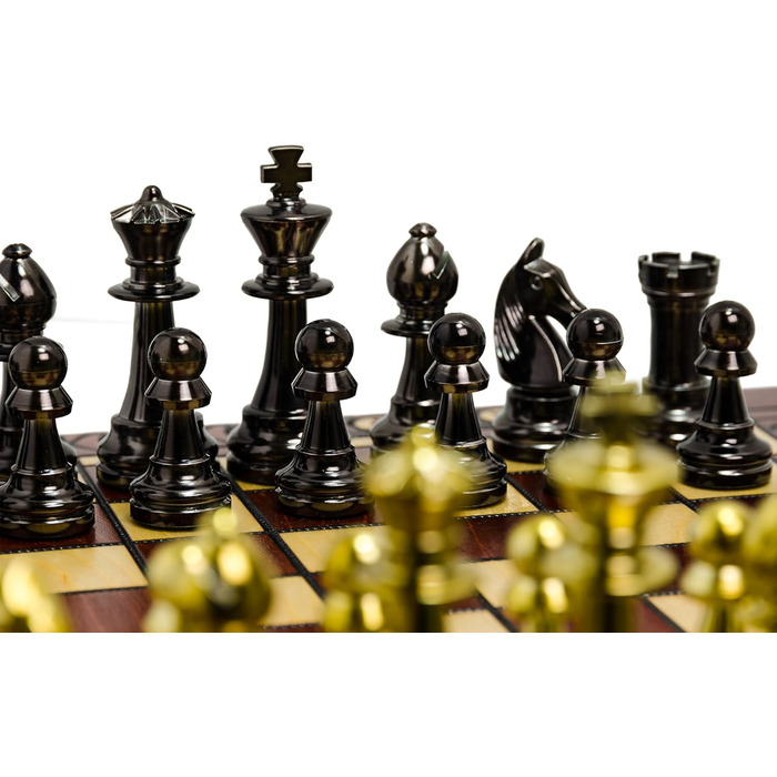Шаховий набір Staunton 40см, фігури з металізованого пластику, дерев'яна шахівниця, фігури з металевим навантаженням, жовтий колір