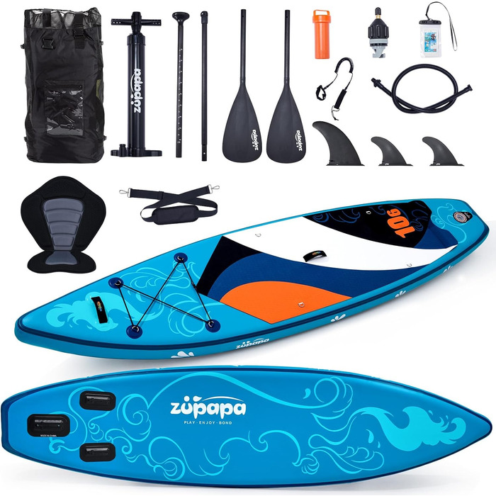 Надувний SUP борд Zupapa 366см/320см (320см) з аксесуарами | Stand Up Paddle Board (SUP) та каяк-сидіння | Чорно-біло-сірий, блакитно-біло-помаранчевий