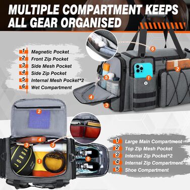 Спортивна сумка RAINSMORE 40L, водовідштовхувальна, з відділенням для взуття, для чоловіків та жінок, сіро-чорна