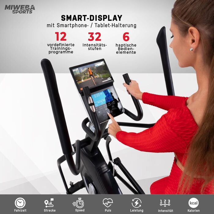 Еліптичний тренажер Miweba Sports MC700 з додатком, електричний орбітрек 30 кг маховик, до 150 кг, домашній ергометр з пульсометром