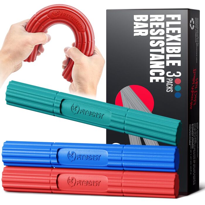 FitBeast Flex Therapy Bar – Набір еластичних тренувальних паличок для терапії та зміцнення кисті (3 шт - Зелений, Синій, Червоний)