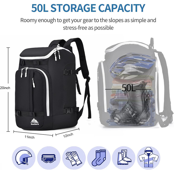 Чохол для лижних черевиків, терморюкзак, 50 л, водонепроникний, для сноуборду, подорожей, лижного спорядження, аксесуари (чорний/сірий)