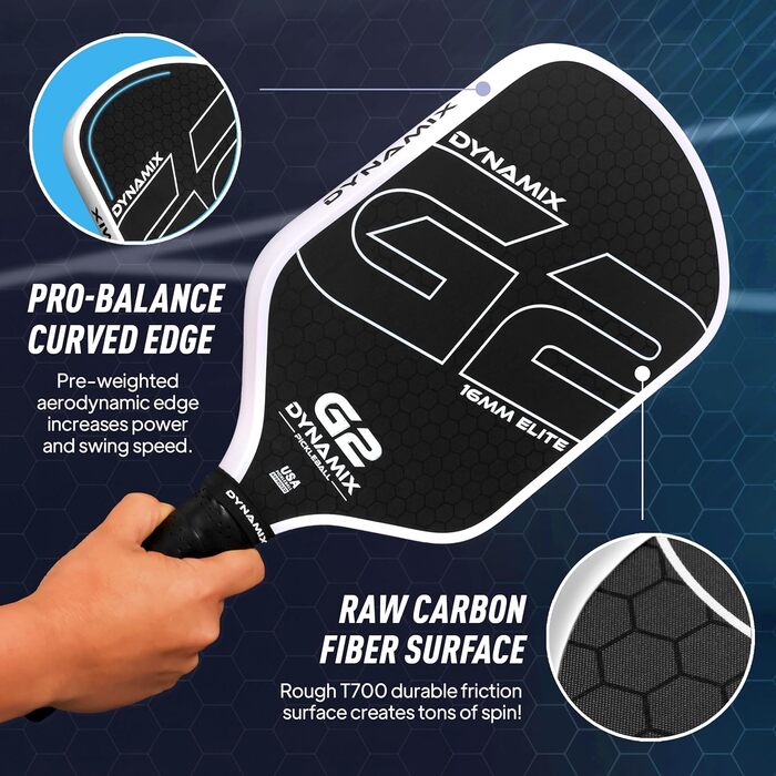 Пікбол ракетка з вуглецевого волокна Gen-2, 16 мм, схвалена USAPA, для професійного рівня, потужність, обертання та стабільність, довгаста, легка Pro-Balance (чорний хват / білий обід)