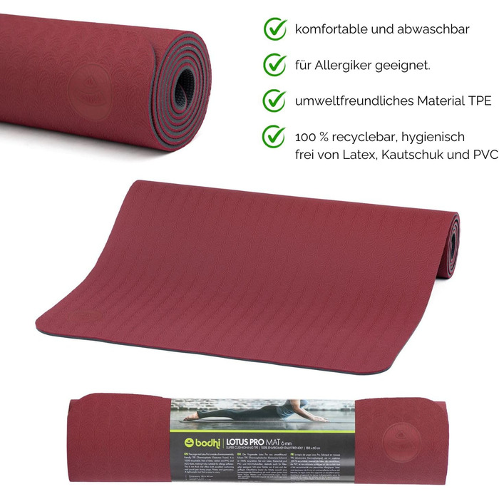 Килимок для йоги Bodhi Lotus Pro | Антиковзкий килимок для фітнесу, гімнастики, пілатесу | Килимок для тренувань, гімнастики та йоги | Гіпоалергенний килимок темно-зеленого/зеленого кольору (темно-червоний/антрацит)
