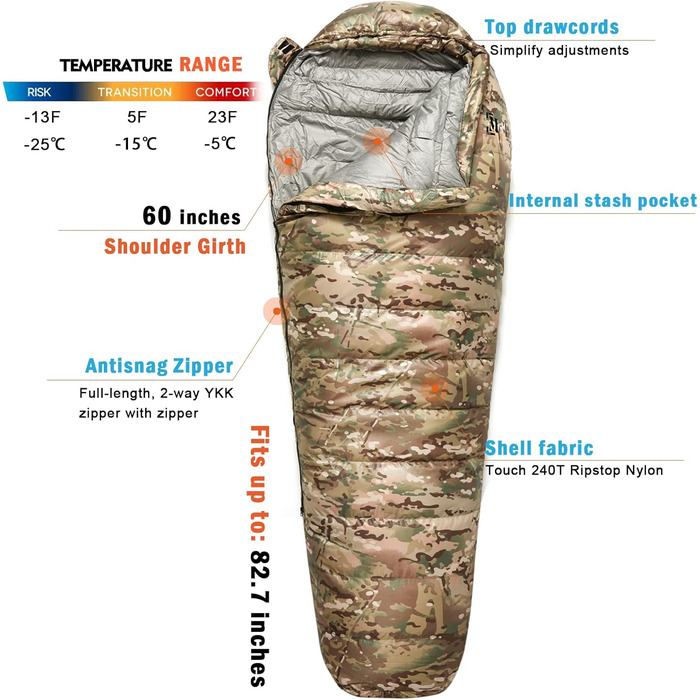 Спальний мішок AKmax Winter Multicam для дорослих та військових, екстремальний (-13°C) пуховий, 4 сезони, ультралегкий для кемпінгу та туризму