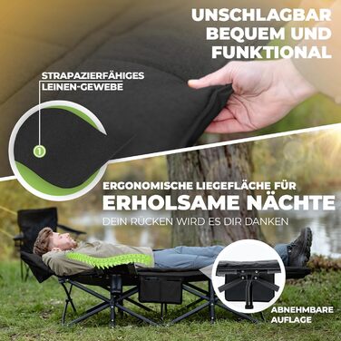 NORDICTRAILS Кемпінгове ліжко NORDICTRAILS - розкладне, XXL, зручне | Розкладне, легке та широке для відпочинку на природі | Гостьове ліжко, лежак, розкладне ліжко, рибальське ліжко, кемпінгове ліжко для коропа з суперм'яким матрацом (з матрацом, чорне)