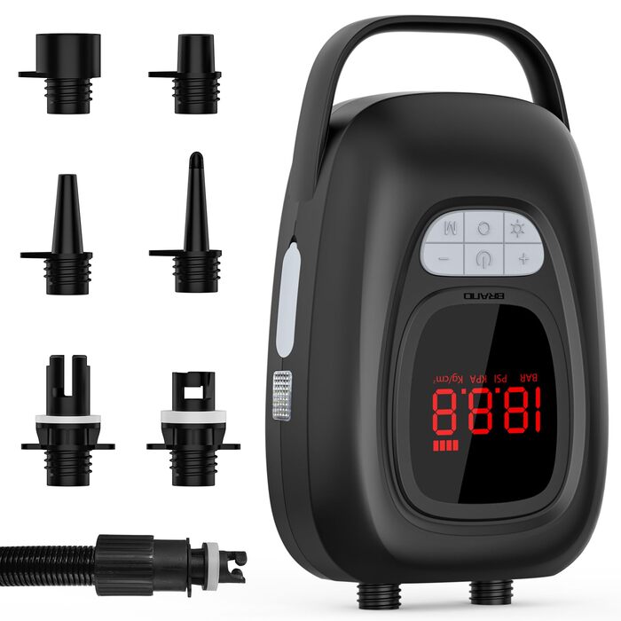 Електричний насос для SUP дошки 20 PSI, подвійний режим, акумулятор 6x2500mAh, LED, авто-стоп - для SUP, каяків, човнів, кемпінгу