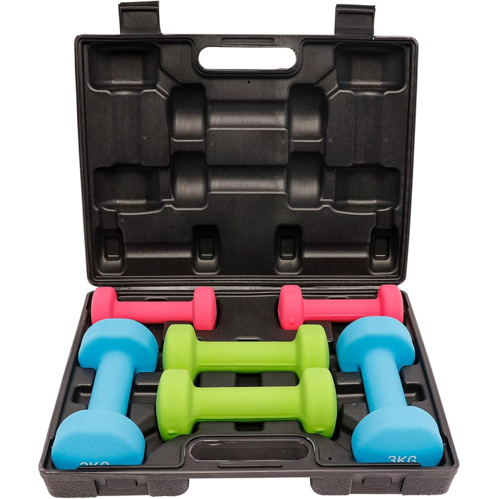 GORILLA SPORTS® Набір гантелей 12 кг з кейсом, нековзкі неопрена, 2×1 кг, 2×2 кг, 2×3 кг, для фітнесу, аеробіки та силових тренувань