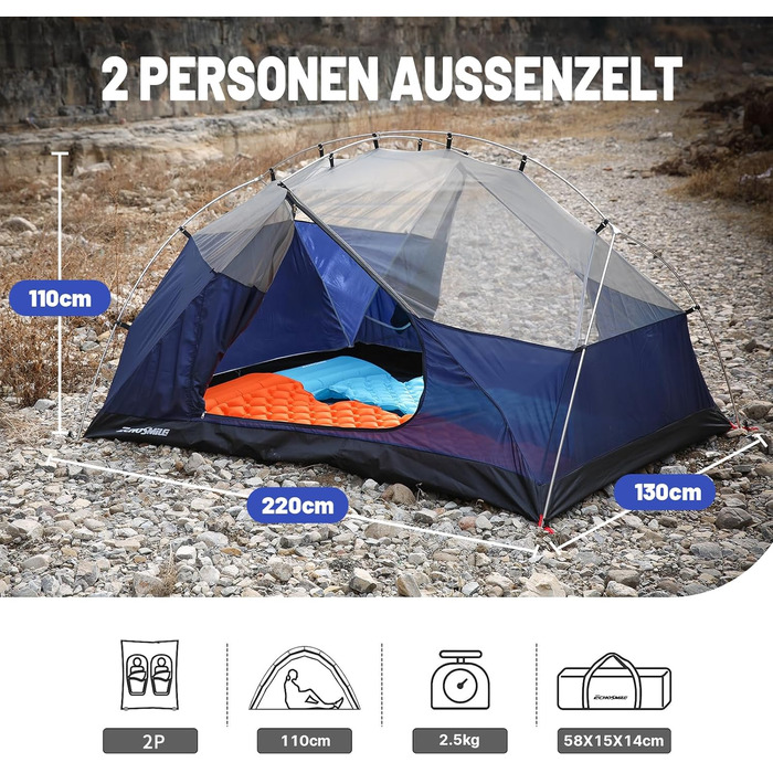 Намет EchoSmile для кемпінгу на 2-3 особи, водонепроникний PU3000 мм, туристичний намет-купол, 3-4 сезонний, для кемпінгу, походів та альпінізму, легко монтується, блакитний (2 особи)