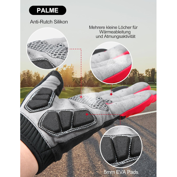 Велосипедні рукавички KUTOOK: антиковзаючі, амортизуючі, з підтримкою сенсорного екрану. MTB, шосе, гірський велосипед, подорожі, трекінг (червоний, L)