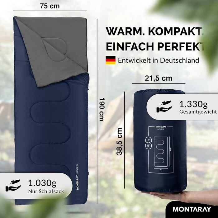 Спальний мішок туристичний з капюшоном до -3°C з подушкою - Outdoor зимовий та літній спальний мішок 3-4 сезони (75 x 220 см) - Гірський спальний мішок для жінок та чоловіків (теплий) Синій 150GSM, без капюшону