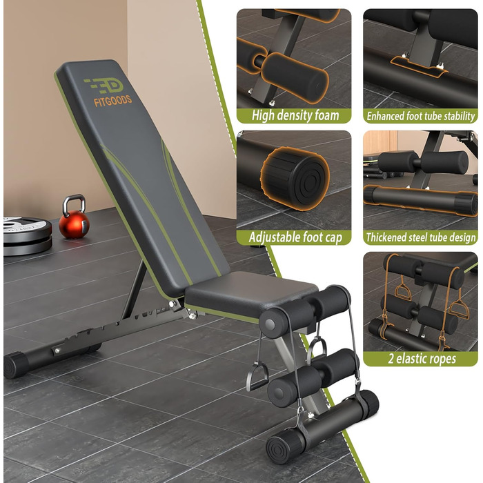Регульована лава для тренажерного залу вдома, складана лава для занять спортом на 317,5 кг з 9 положеннями спинки, універсальна лава для жиму з можливістю нахилу та регулювання, з 2 еластичними стрічками