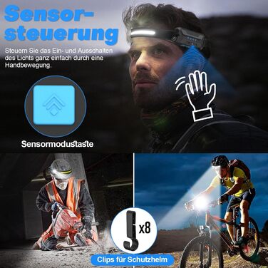 LED налобний ліхтар з акумулятором, 2 шт., кут огляду 230°, 7 режимів, супер яскравий, 2600 mAh, 22 години роботи, датчик, червоне світло, водонепроникний, легкий, для бігу, кемпінгу, походів, чорний