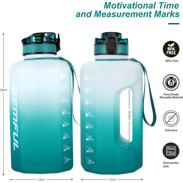 Спортивна пляшка для води GEMFUL 2.2L з ручкою та позначками часу - ідеальна для фітнесу та повсякденного використання