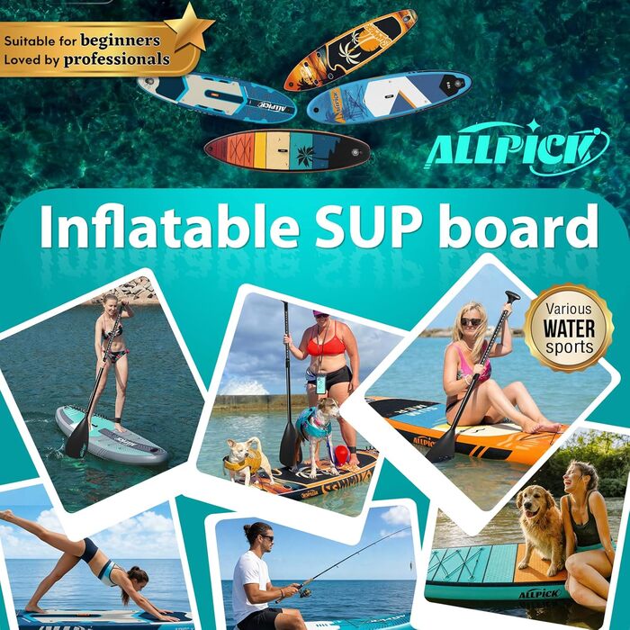 ALLPICK SUP Board Premium набір: Дошка для Stand Up Paddling надувна, з кріпленням для камери, повний комплект аксесуарів, регульоване весло, для початківців та просунутих, вантажопідйомність 200 кг, сіро-зелений
