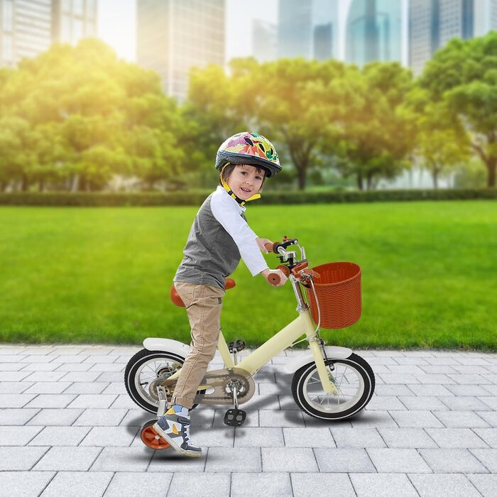 Дитячий велосипед 12 дюймів для дітей 2-4 років з кошиком та додатковими колесами, регульоване сидіння та кермо, подвійний режим гальма (жовтий)