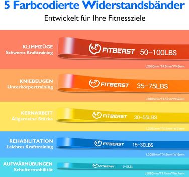 FitBeast Резистентні гумки для фітнесу, набір 5 рівнів, для силових тренувань, кросфіту, розвитку м'язів, домашніх тренувань, мобільності та розтяжки (багатобарвні, 5-100 lbs)