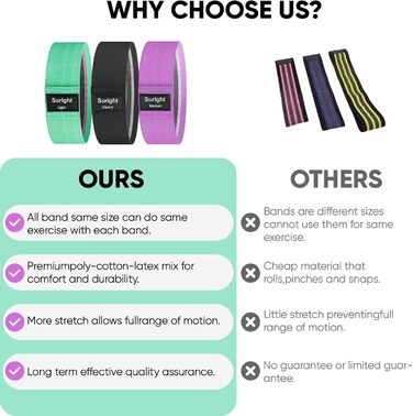 Стрічки опору для фітнесу [3 шт.] для сідниць та стегон, антиковзкі фітнес-стрічки для жінок/чоловіків, силові тренування, йога, пілатес (Чорний, фіолетовий, зелений)