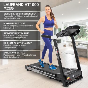 Електрична бігова доріжка Miweba Sports HT1000, 3,5 к.с., 16 км/год, 6% нахил, 120 кг, складана, велика бігова поверхня, 16 програм, для дому, біла