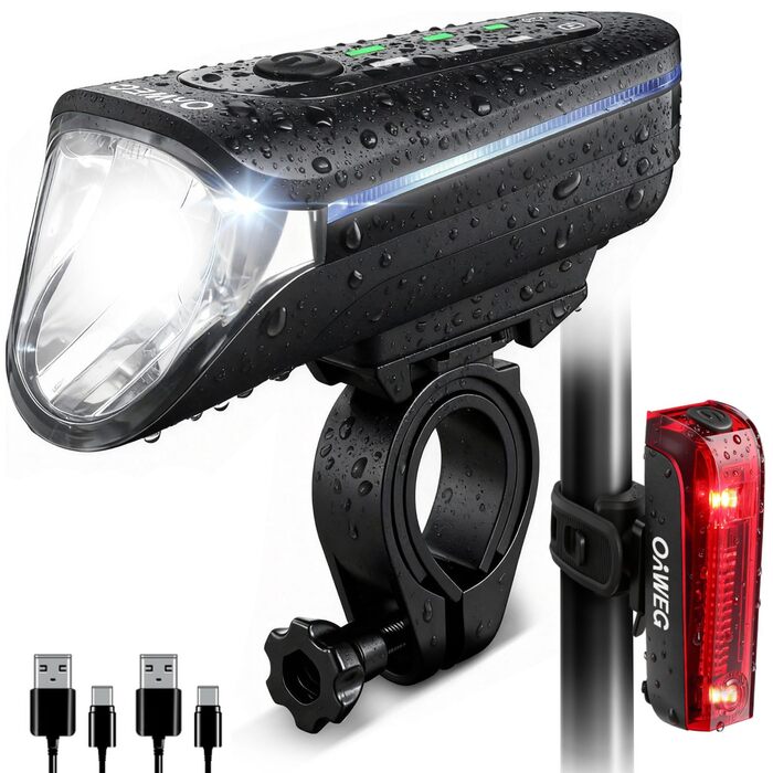 Набір переднього та заднього велоліхтаря з LED, StVZO, USB-C, водонепроникний, 100Lux + гальмівний індикатор, з батареєю