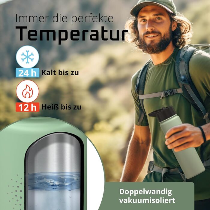Фляга ACTIVE FLASK з нержавіючої сталі з трубочкою (3 кришки), BPA-free, не протікає, підходить для газованої води - спортивна пляшка, термопляшка, ізотермос, фляга для дітей, чай (680 мл, Sage)