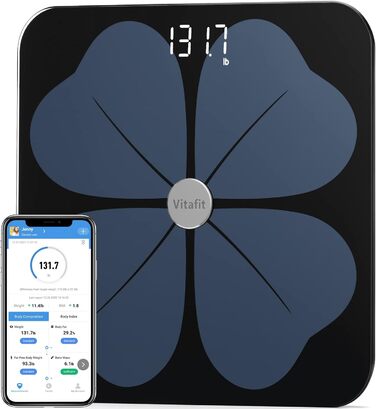 Смарт-вага Vitafit 250 кг, цифрова ваги для людей з вимірюванням ваги та ІМТ, синхронізація через Bluetooth, додаток, 8 мм загартоване скло, широка платформа, чорна