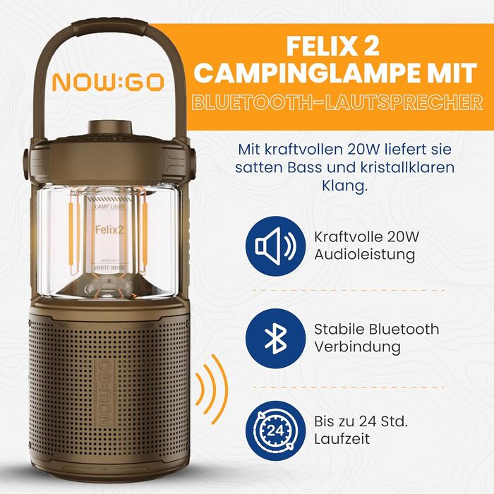 Ліхтар кемпінговий LED Felix 2 з Bluetooth колонкою, водонепроникний IPX7, 24 год роботи, USB зарядка, 20W, коричневий