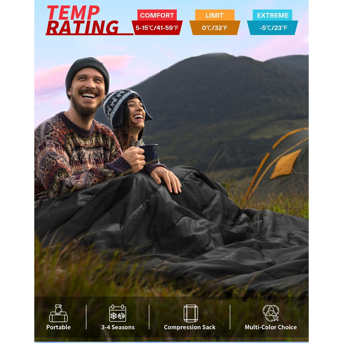 Сплячий мішок Outdoor Sportneer для 2 осіб: двомісний спальний мішок для кемпінгу, 3 сезони, 220x150 см, 2.75 кг, з 2 подушками, для дорослих, чорний (без фланелевої підкладки)