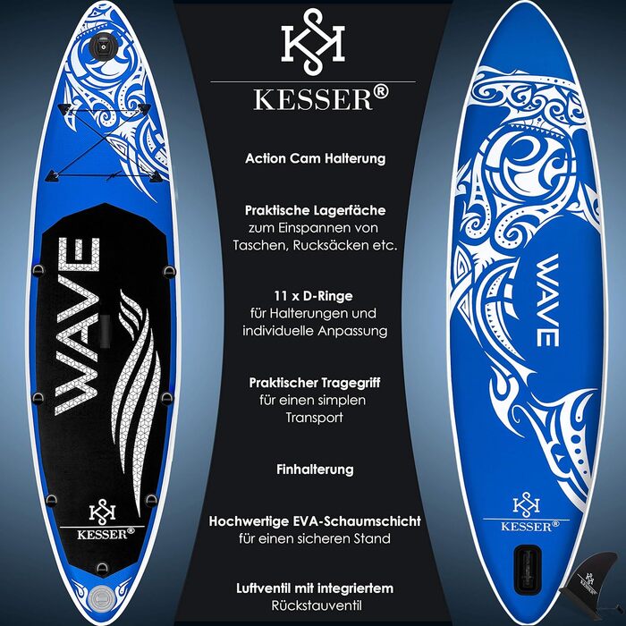 Надувна SUP-дошка KESSER® 6'' преміум для водного спорту, комплект аксесуарів, до 130 кг