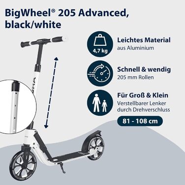 HUDORA BigWheel® Advanced Scooter: Комфортний алюмінієвий самокат для ваги до 100 кг - регульована висота та складаний дизайн. Підходить для дітей, підлітків та дорослих (205, чорний/білий)