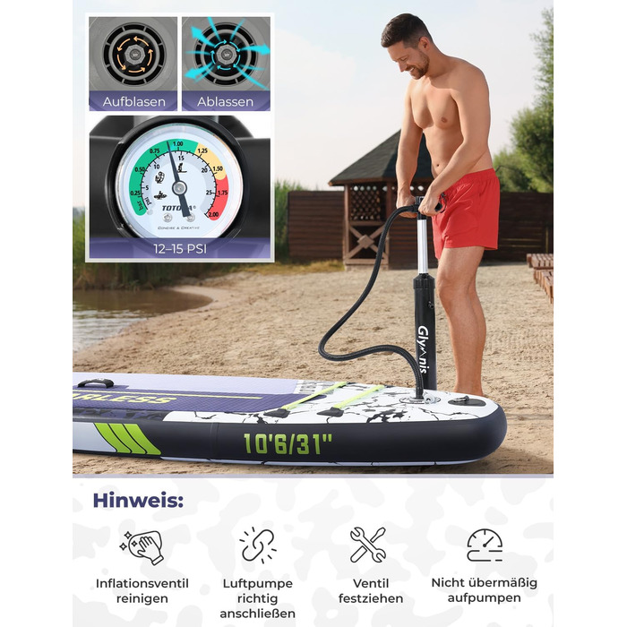 Надувний SUP Борд Glymnis 10'6' для Станд Ап Паддлінг (SUP) 320x81x15см з Алюмінієвим Веслом, Насосом та Аксесуарами
