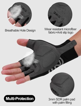 Велосипедні рукавички INBIKE літні напівпальцеві дихаючі, з еластичністю, для шосе та MTB, 3 мм SDR, антиковзаючі, з світловідбиваючими елементами, чорні, чоловічі/жіночі