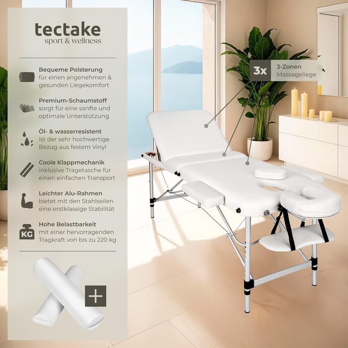 Складаний масажний стіл tectake 3-зонний, регульована висота, масажна кушетка з аксесуарами, косметологічний стіл, меблі для масажу, косметики, тату, білий