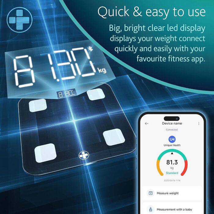 Ваги медичні Smart BMI Reliance, Bluetooth, аналіз складу тіла, LED-дисплей, керування вагою, сумісність з фітнес-додатками, розмір L 28x28x2.4 см, упаковка 1 шт.