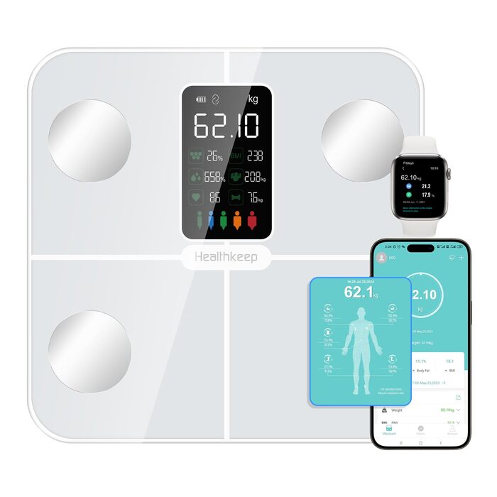 Ваги для вимірювання жиру та м'язової маси, цифрові ваги з вимірюванням 15 параметрів, вимірювання частоти серця, сумісність з Apple Health та Samsung Health, білі