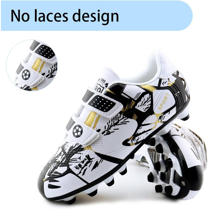 Дитячі футбольні бутси для хлопчиків та дівчаток, Outdoor, Тренувальні, Kunstrasen, Штучні шипи, Unisex, 28-37EU, 34EU, Білий, Золотий