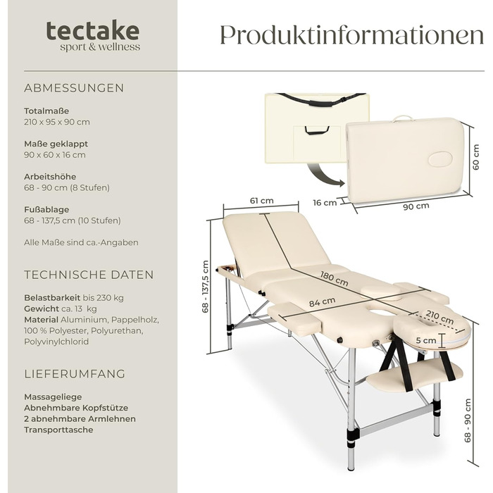 Масажний стіл Tectake 3 зони, складаний, з регулюванням висоти, з аксесуарами (підголовник, підлокітники, сумка) - бежевий