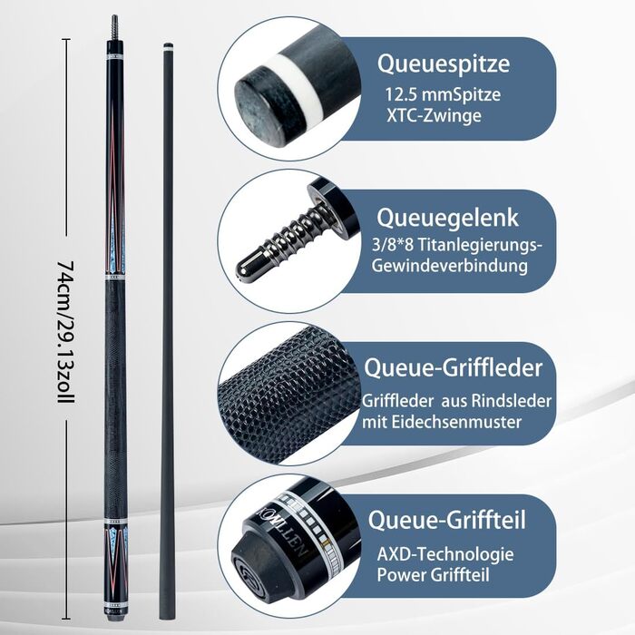 KONLLEN Billardqueue з карбону, 58 дюймів, професійний більярдний кий для дорослих, технологія Vollcarbon, низький рівень відхилення, наконечник 12.5 мм (Pro Taper, ультрагладкий) (KL-08)