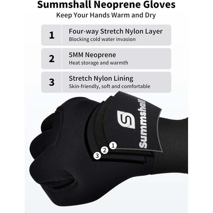 Чоловічі неопренові рукавички Sushall для плавання, серфінгу, каякінгу, дайвінгу, 3 шт., 5 мм, чорний (L)