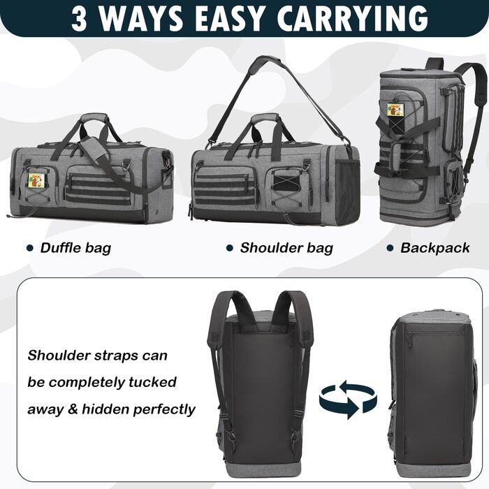 Спортивна сумка 50L для чоловіків 3-в-1 з відділенням для мокрого одягу та взуття, рюкзак, дорожня сумка, валіза ручної поклажі, сумка для тренувань, залу, плавання, подорожей (сіра)