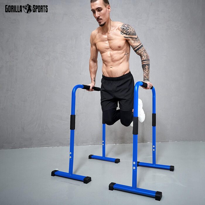 Паралети GORILLA SPORTS® для віджимань і діпів, 2 шт, сталь, 68x45x94 см, до 200 кг, нековзкі, сині – станція для діпів, бруси для каллістеніки