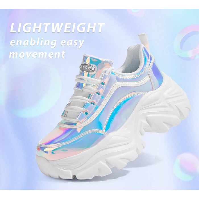Кросівки жіночі LUCKY STEP Chunky на платформі, білі голографічні (42 EU) - зручні кеди на підборах