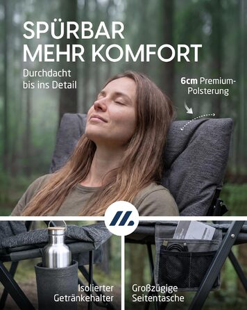 Розкладне кемпінгове крісло NORDMUT Premium з високою спинкою, 4 позиції нахилу, стілець для саду та відпочинку на природі (попелясто-сірий, 2 шт.)