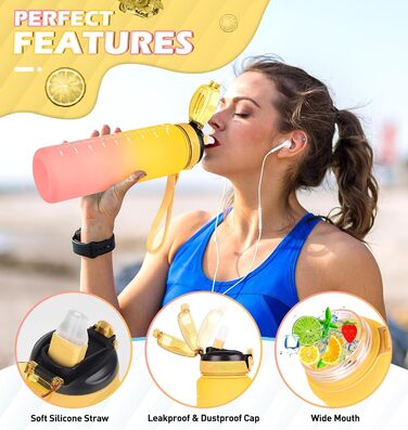 Фляга для води CodiCile 1л зі трубочкою, спортивна, з міткою часу, для миття, нетоксична, для бігу, велосипеда, спортзалу, школи, офісу