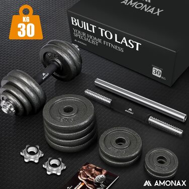 Amonax Регульовані гантелі 15/20/30 кг, набір з гантелями та штангою, чавунні гирі для чоловіків і жінок, тренажер для силових вправ вдома та у спортзалі, чорні, 30 кг