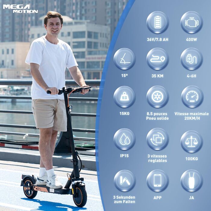Електросамокат MEGA MOTION з дорожнім допуском, 400W, APP, швидкість до 20 км/год, акумулятор 7,8 А·год, вага 15 кг, складаний, подвійне гальмо, подвійний амортизатор, для дорослих, чорний-оранжевий